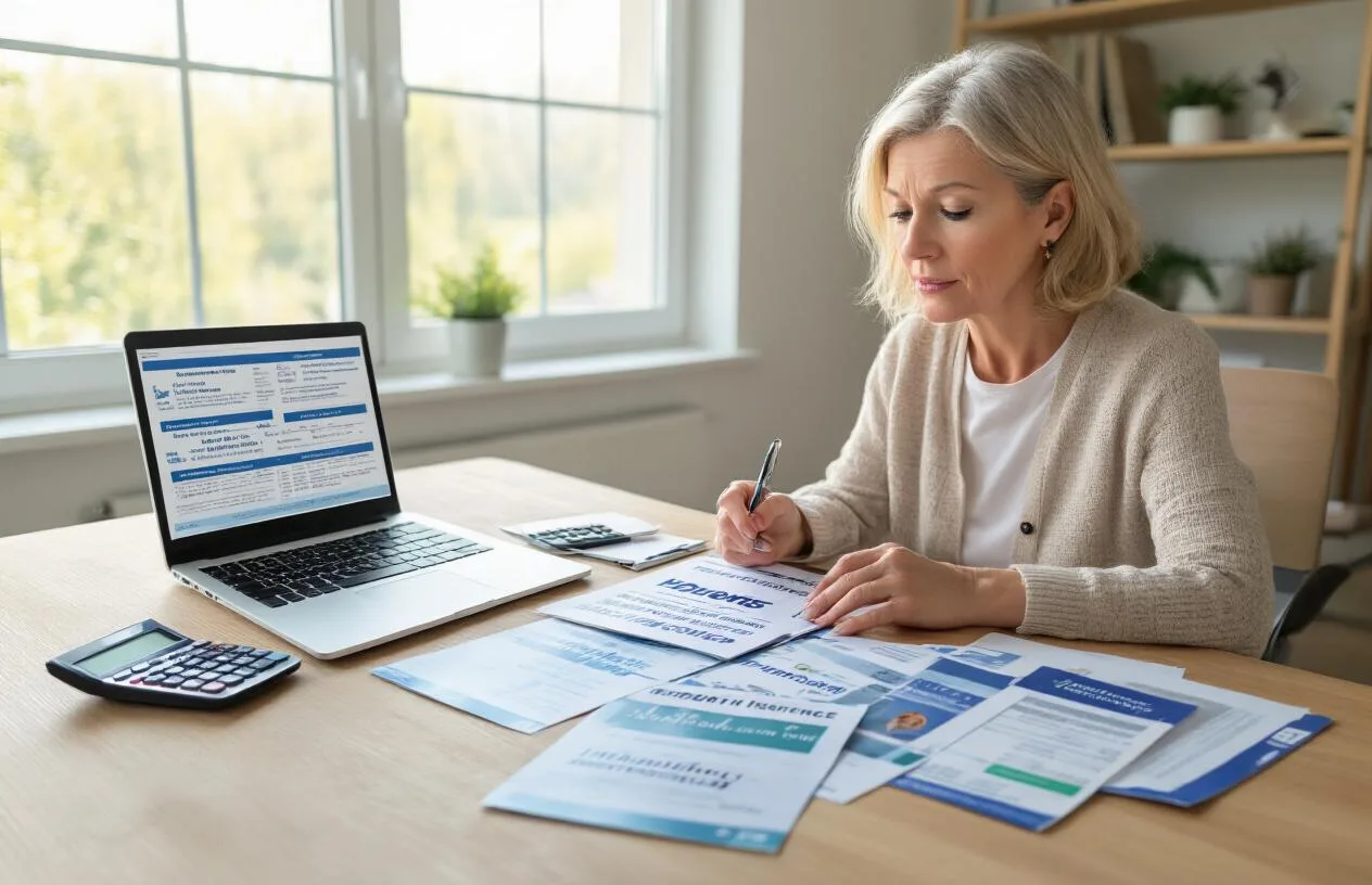 Consumer reading health insurance plan documents at home